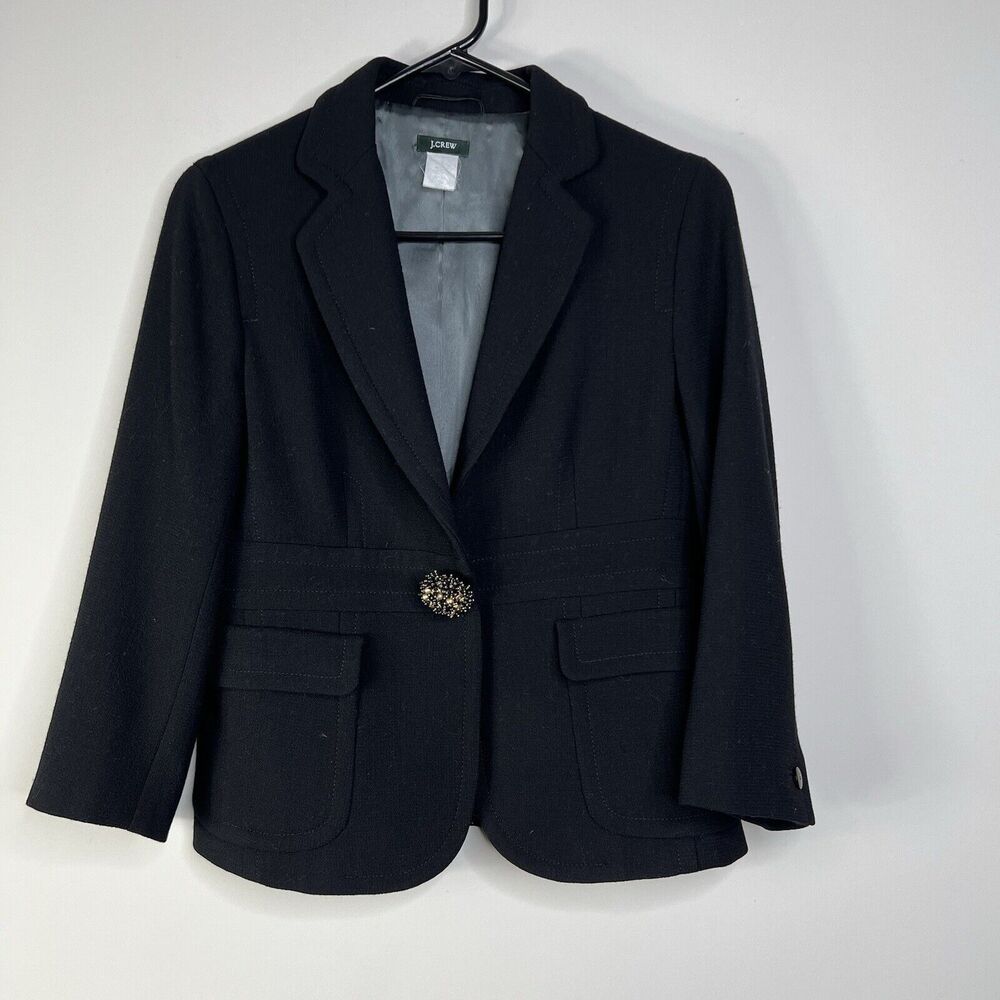 VTG J. Crew Women Wool Black Blazer Size XS? Jewel Button Fully Lined Office